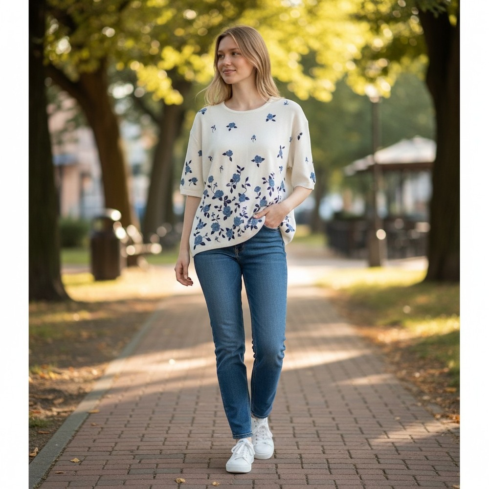 Private Eye White Short-Sleeve Sweater Top with Blue Rose Motif‎